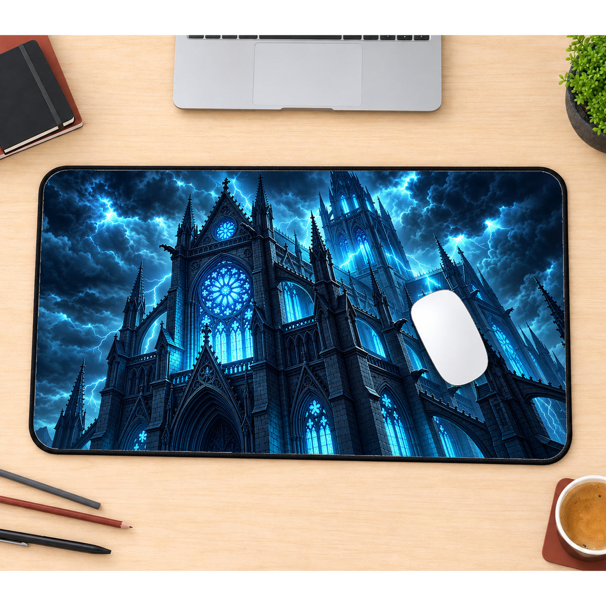 Electric Blue Gothic Cathedral Desk Mat — product mockup 1