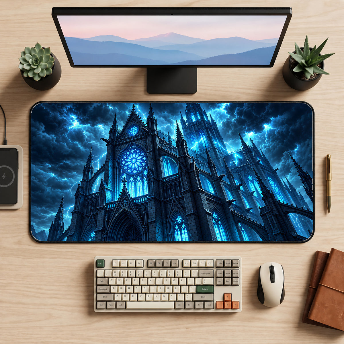 Electric Blue Gothic Cathedral Desk Mat — product mockup 2