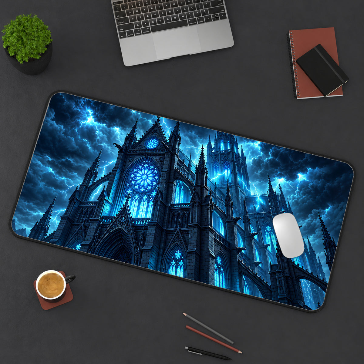 Electric Blue Gothic Cathedral Desk Mat — product mockup 3