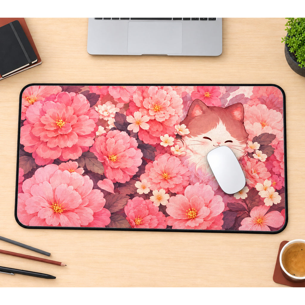 Cat Among Pink Camellias Desk Mat — product mockup 1
