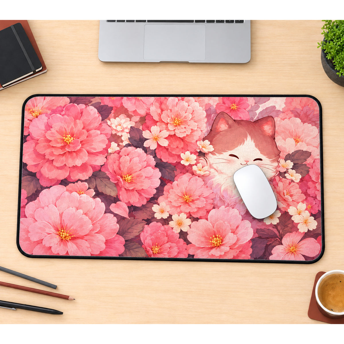 Cat Among Pink Camellias Desk Mat — product mockup 1