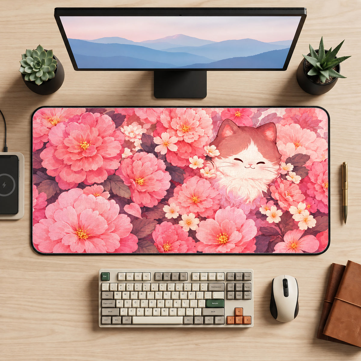Cat Among Pink Camellias Desk Mat — product mockup 2