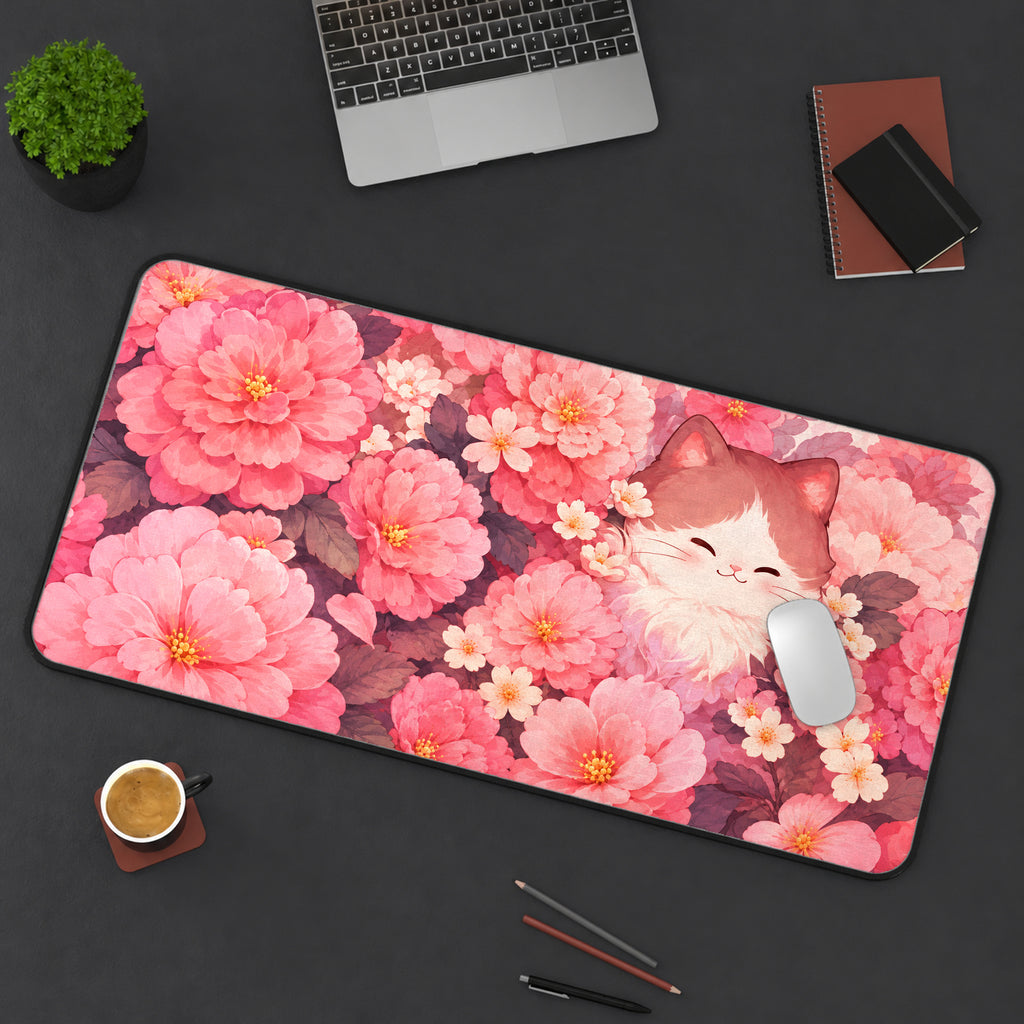 Cat Among Pink Camellias Desk Mat — product mockup 3