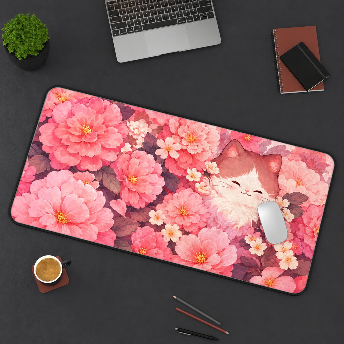 Cat Among Pink Camellias Desk Mat — product mockup 3