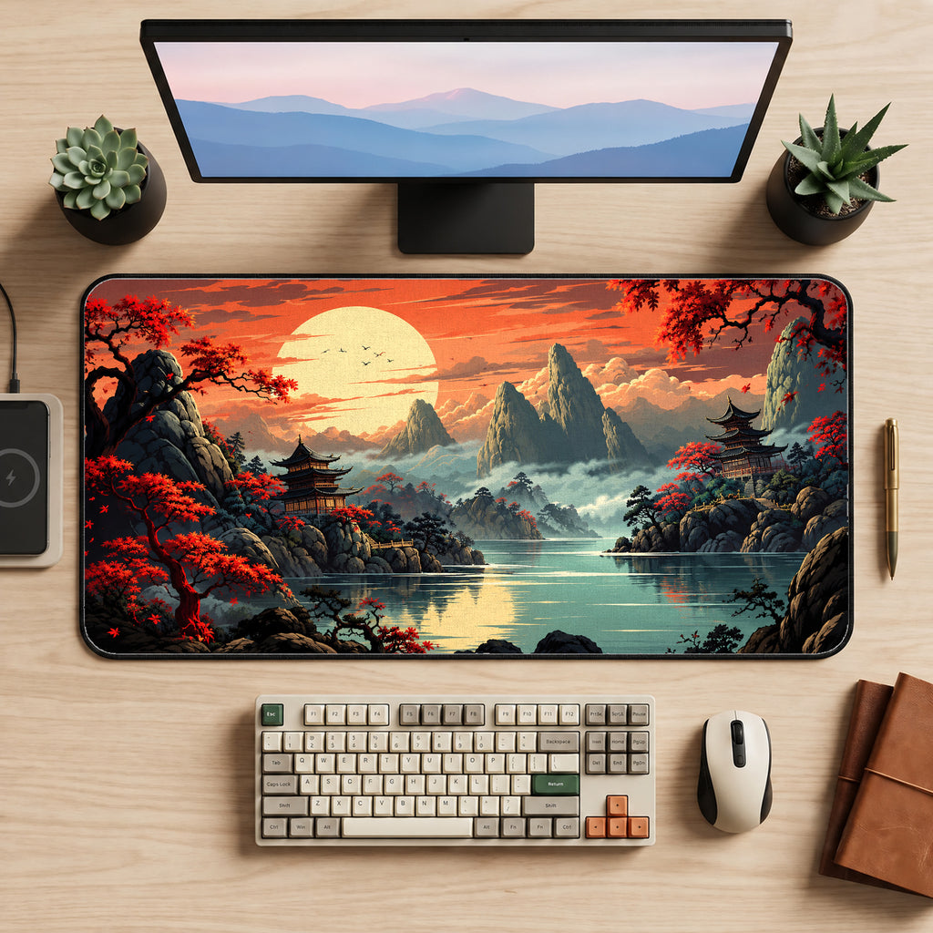 Japanese Sunset Lake Desk Mat — product mockup 2