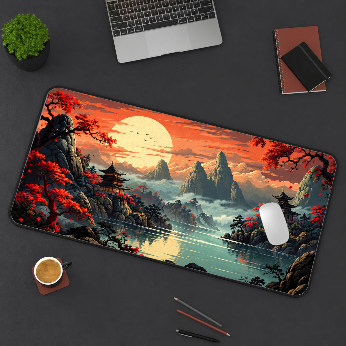 Japanese Sunset Lake Desk Mat — product mockup 3