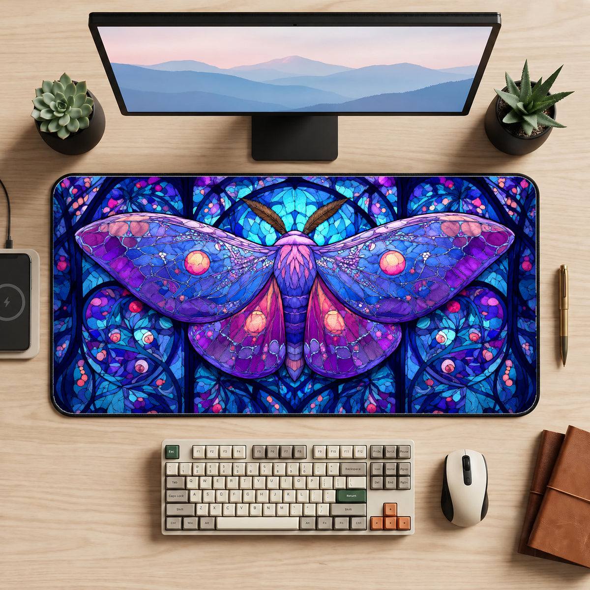 Stained Glass Luna Moth Desk Mat — product mockup 2