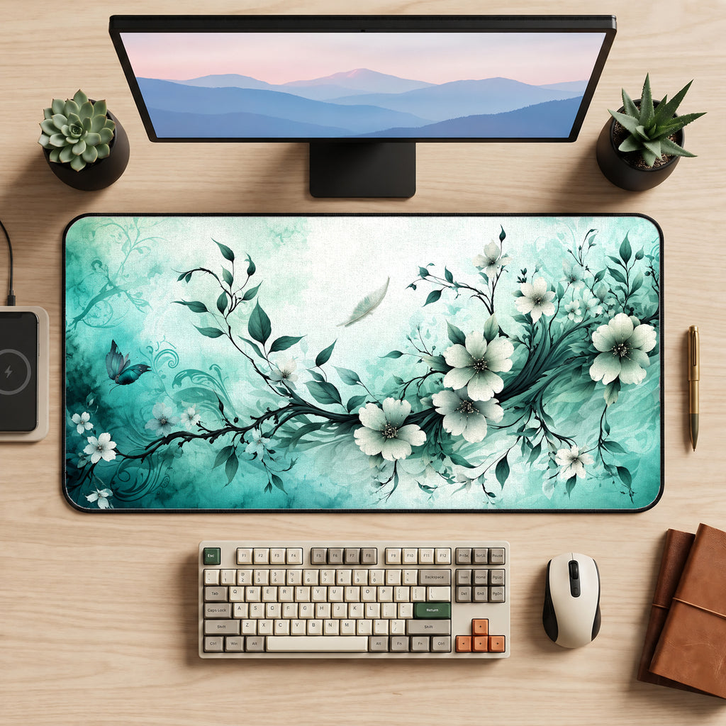 Mint Green Blossoms Desk Mat — product mockup 2
