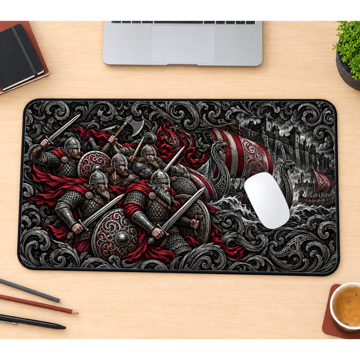 Viking Warriors and Longships Desk Mat — product mockup 1