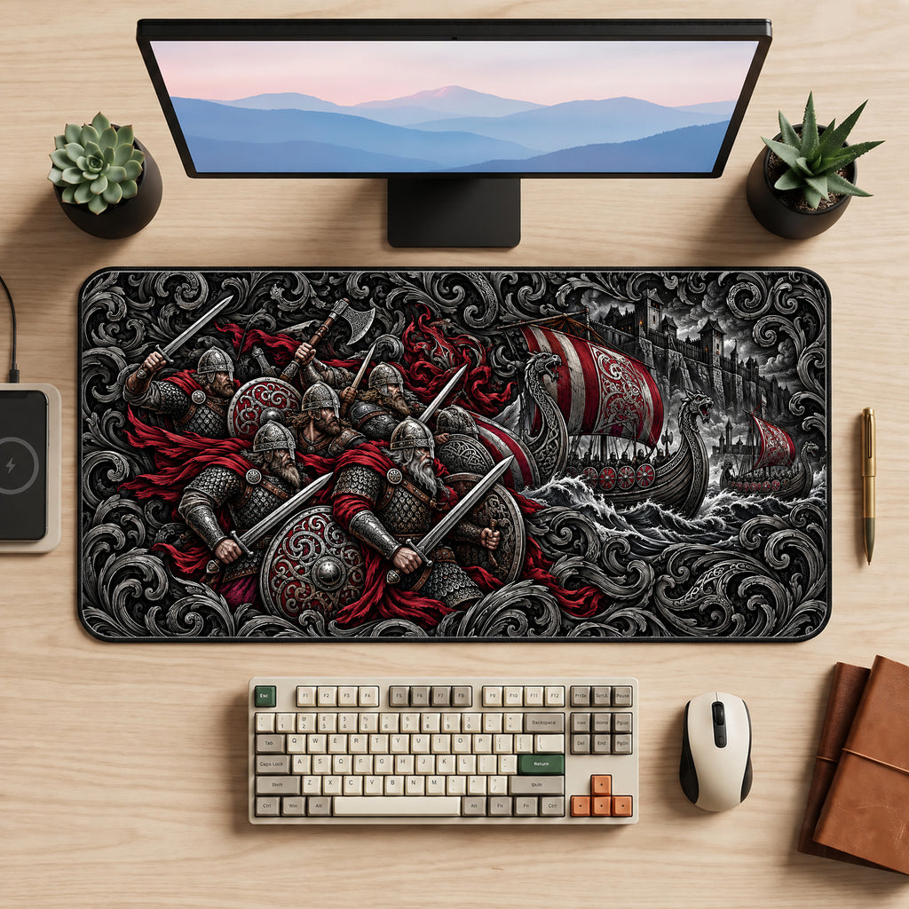 Viking Warriors and Longships Desk Mat — product mockup 2