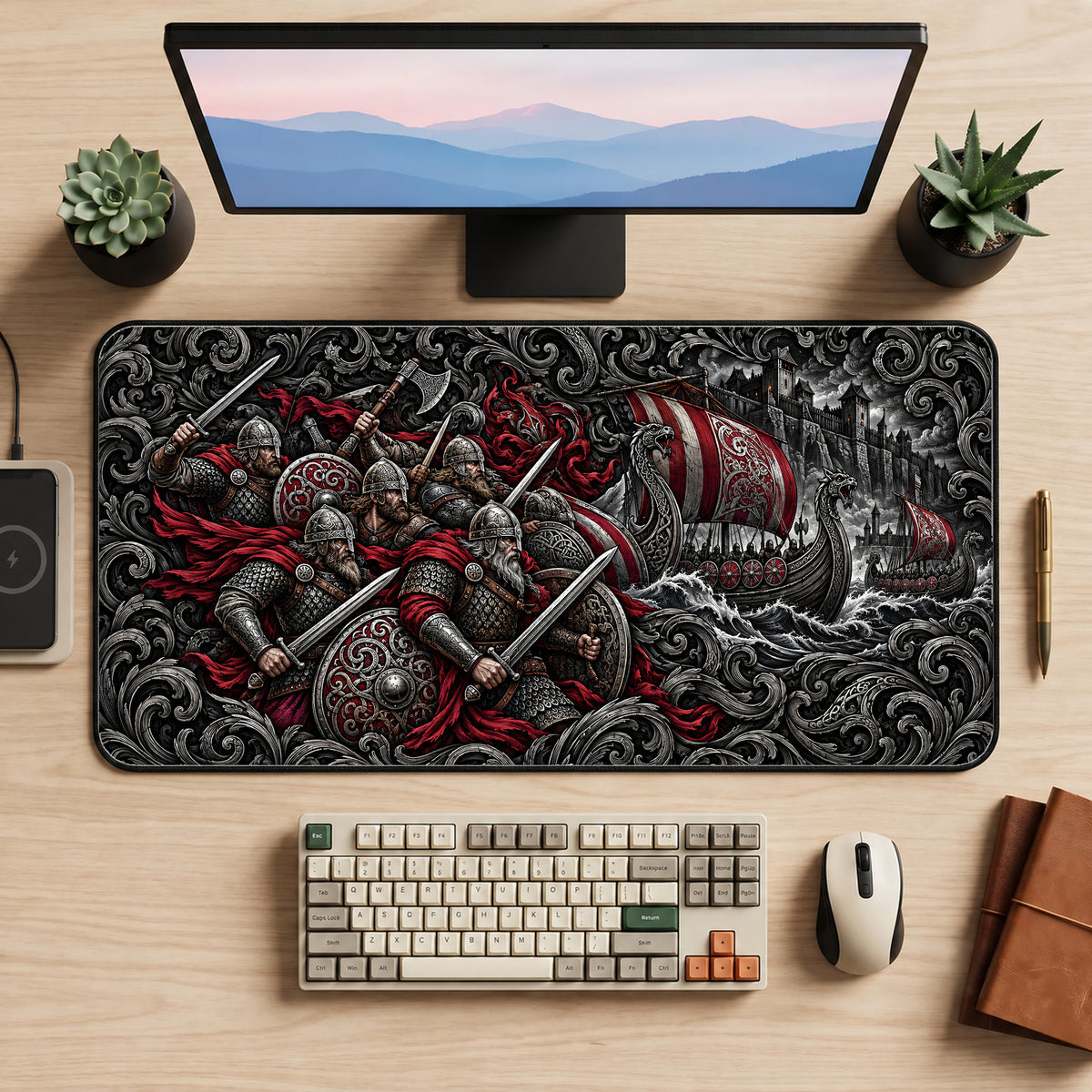 Viking Warriors and Longships Desk Mat — product mockup 2