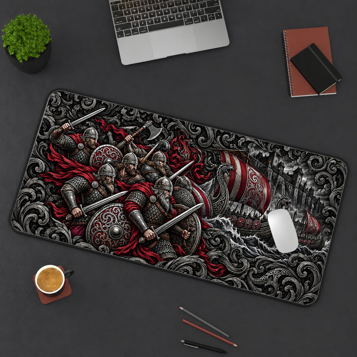 Viking Warriors and Longships Desk Mat — product mockup 3