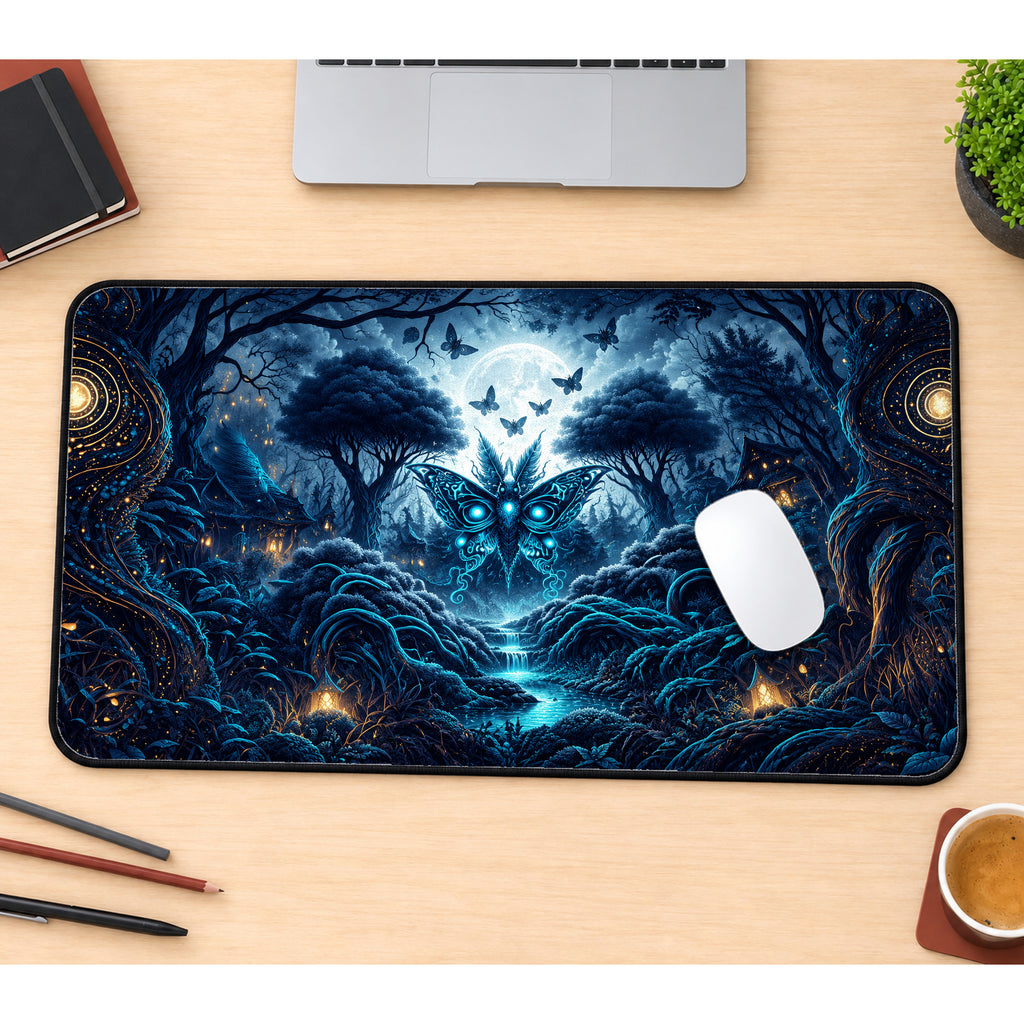 Mystic Blue Woodland Moth Desk Mat — product mockup 1