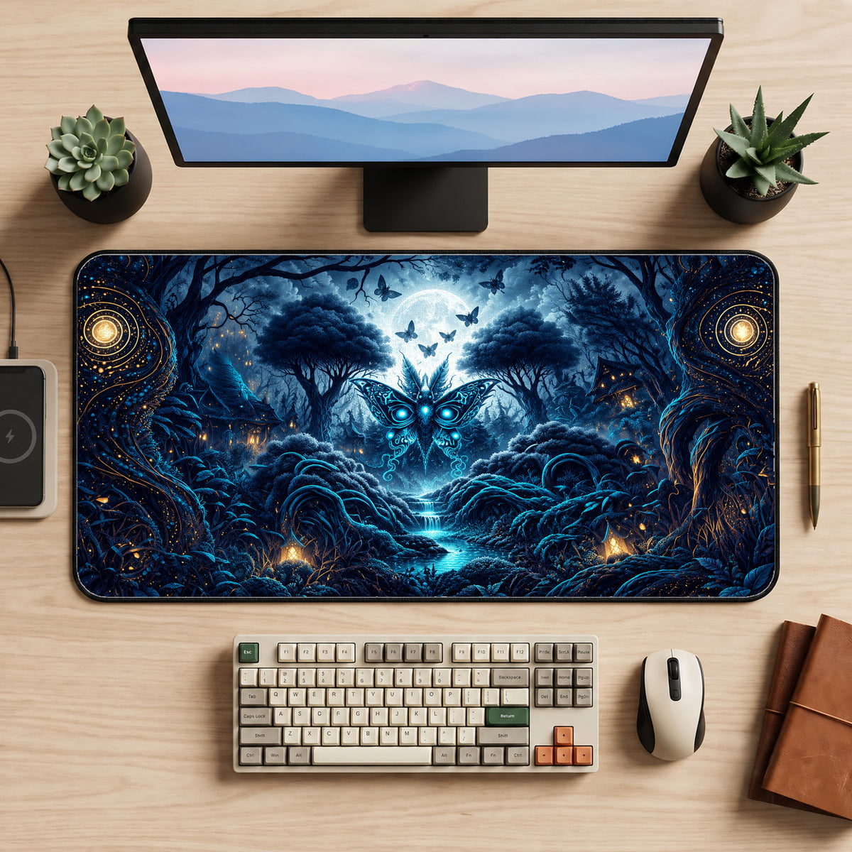 Mystic Blue Woodland Moth Desk Mat — product mockup 2