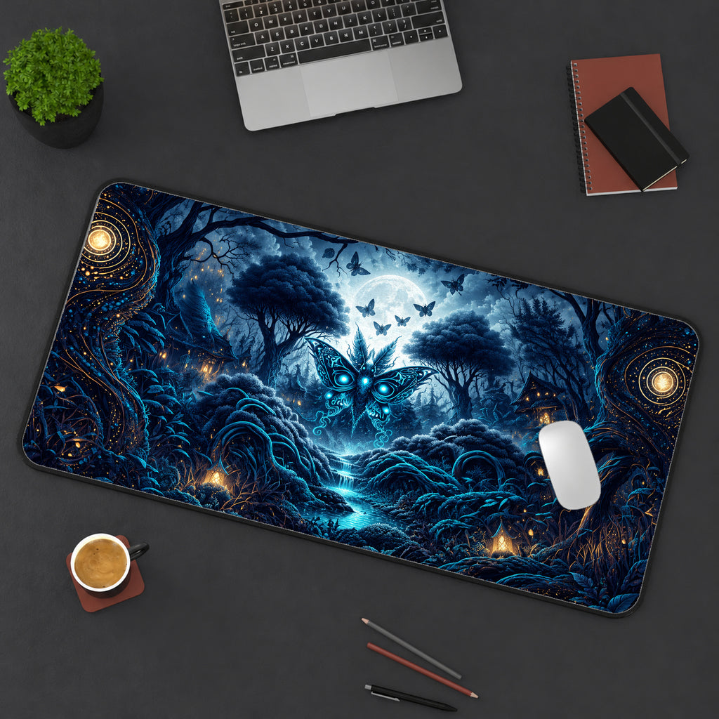 Mystic Blue Woodland Moth Desk Mat — product mockup 3