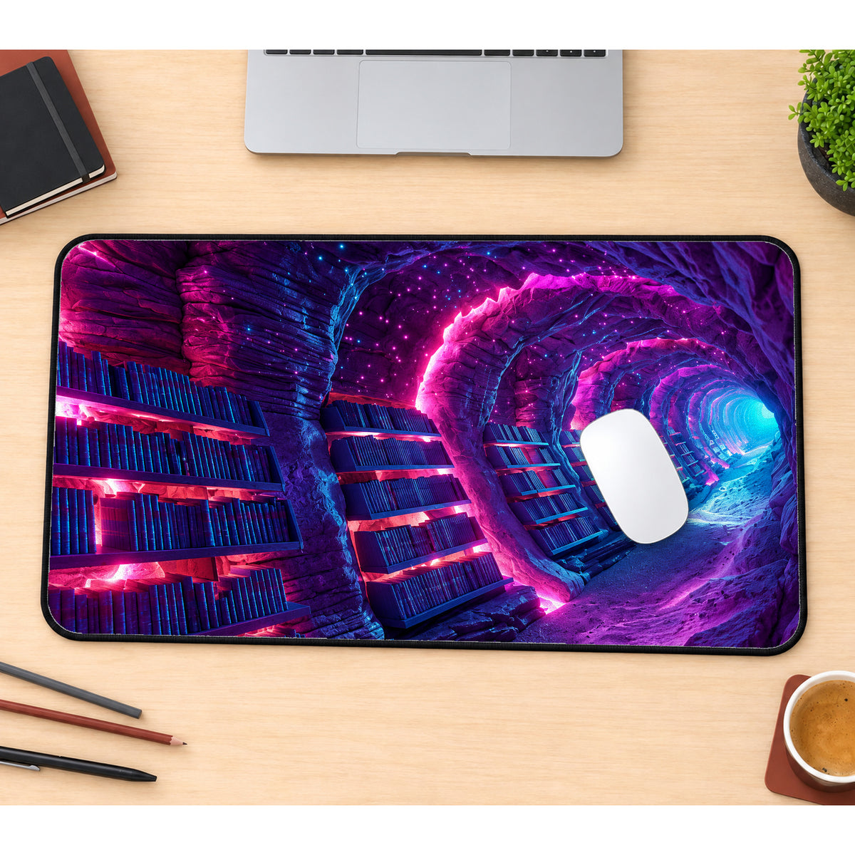 Neon Library Tunnel Desk Mat — product mockup 1
