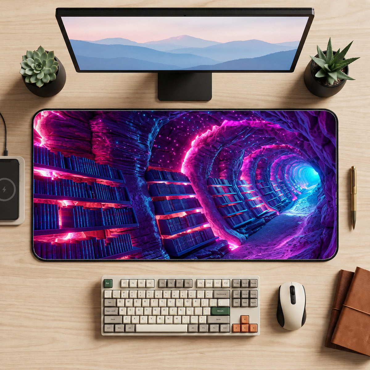 Neon Library Tunnel Desk Mat — product mockup 2