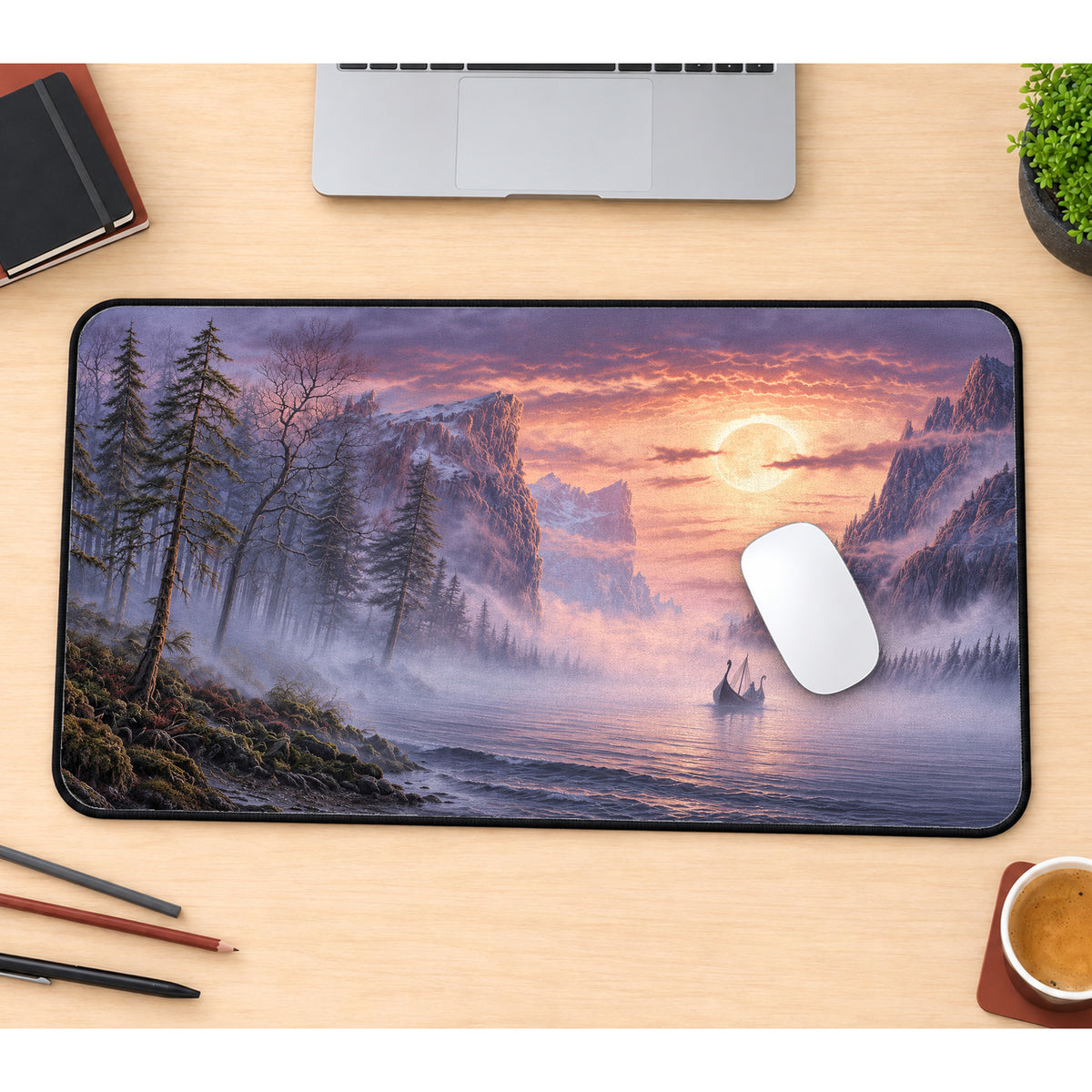 Misty Viking Fjord Desk Mat — product mockup 1