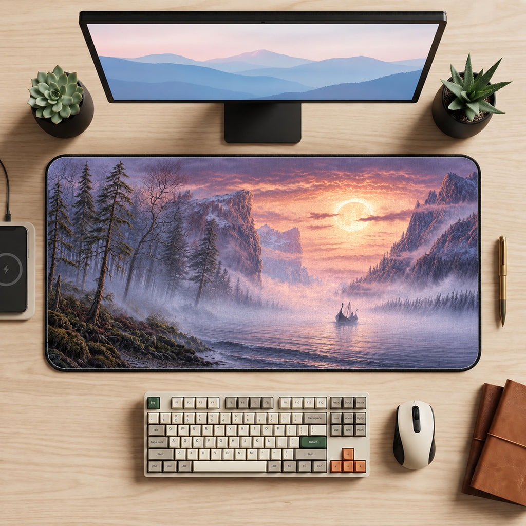 Misty Viking Fjord Desk Mat — product mockup 2