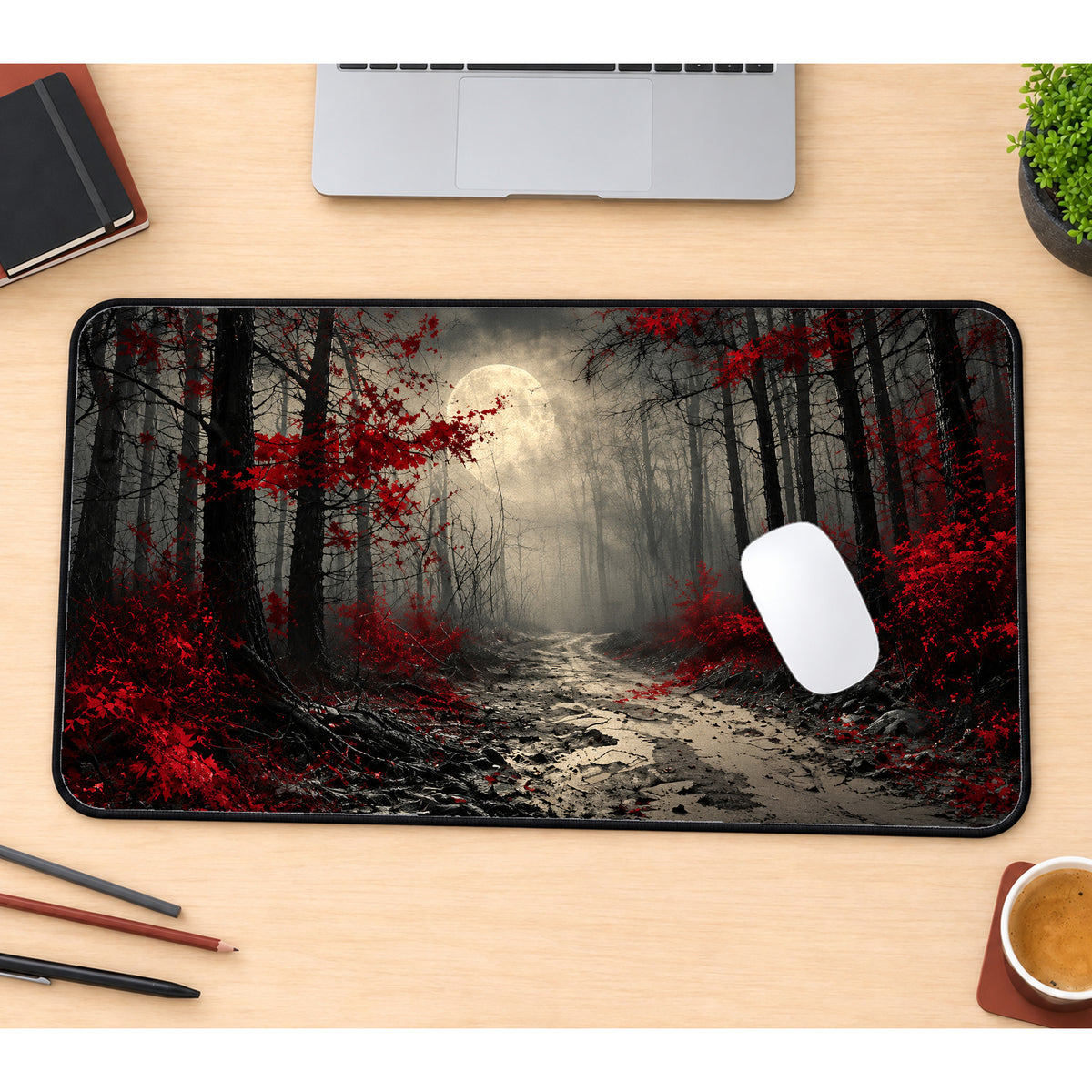 Red Forest Moonlit Path Desk Mat — product mockup 1