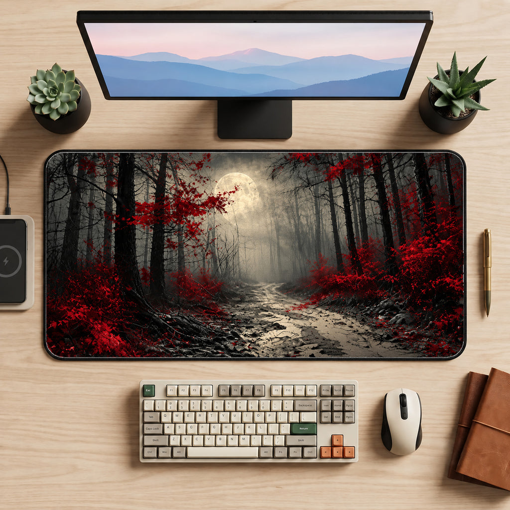 Red Forest Moonlit Path Desk Mat — product mockup 2