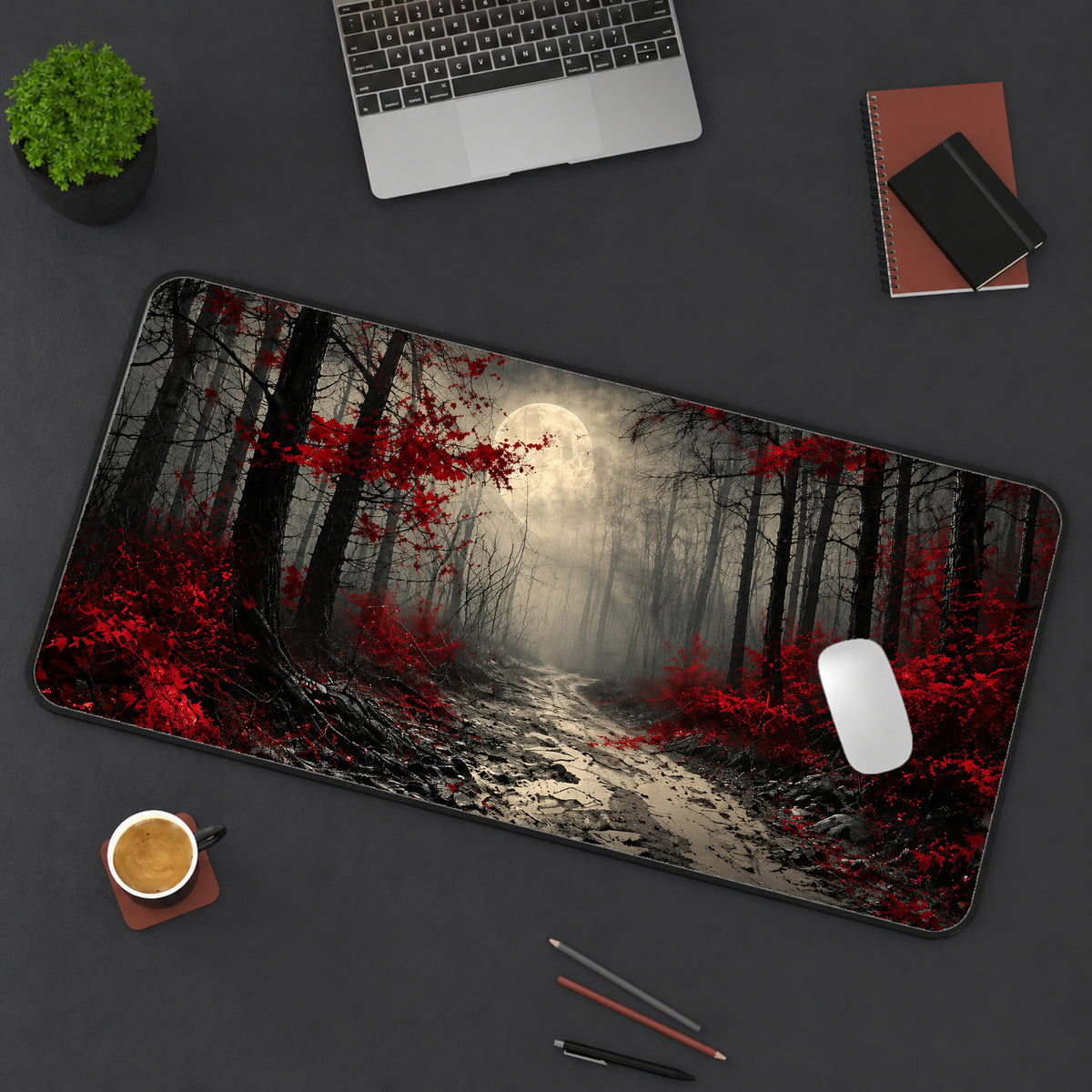Red Forest Moonlit Path Desk Mat — product mockup 3