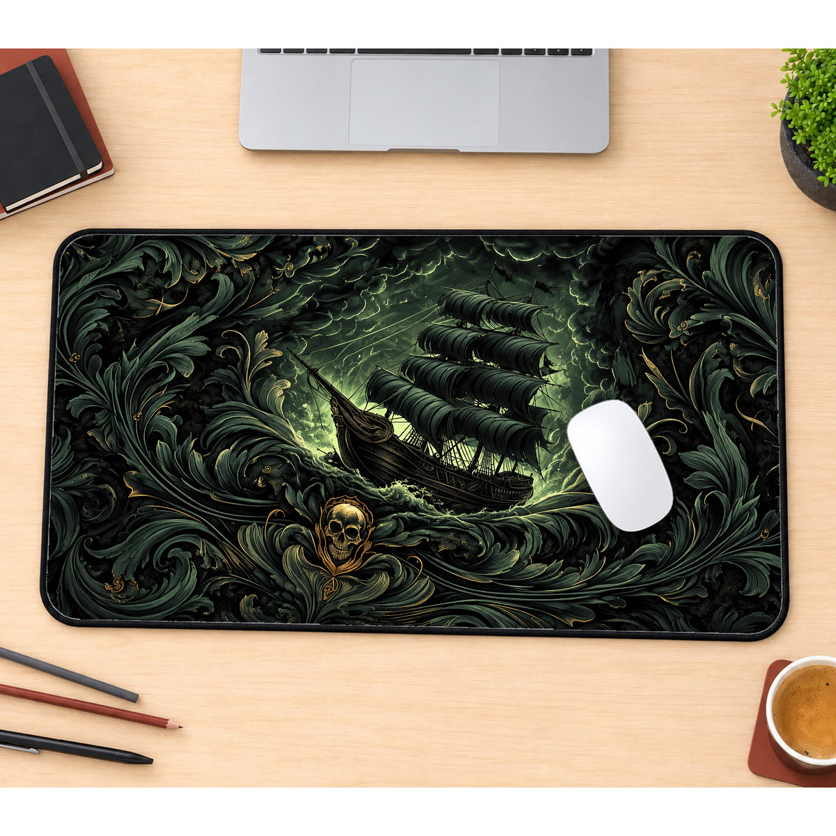 Dark Nautical Ship and Skull Desk Mat — product mockup 1