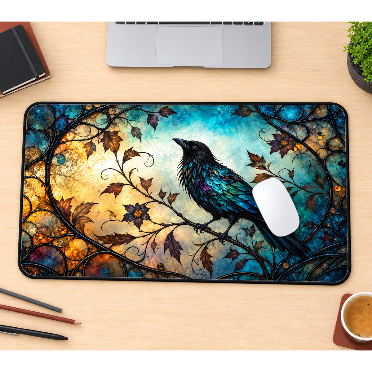 Stained Glass Raven Desk Mat — product mockup 1
