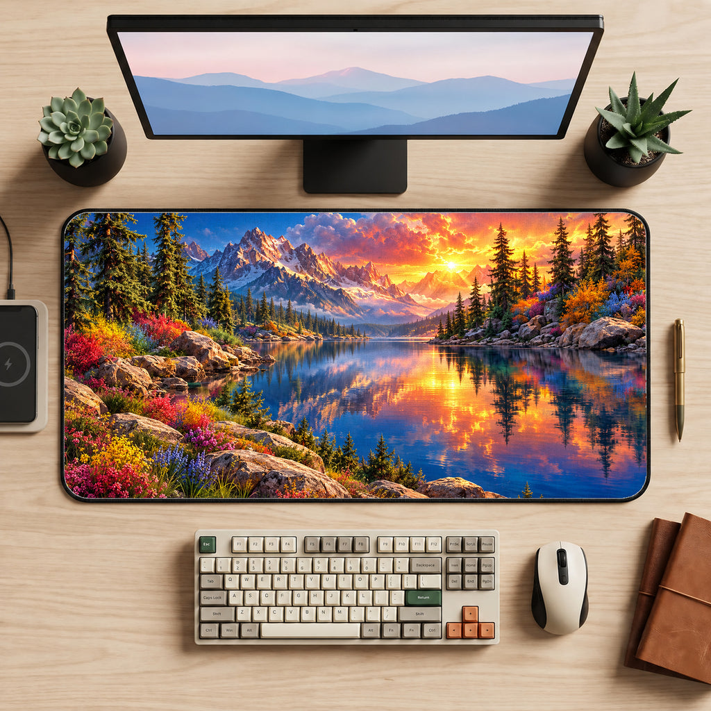 Mountain Sunset Lake Desk Mat — product mockup 2