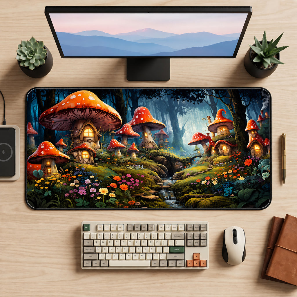 Whimsical Mushroom Village Desk Mat — product mockup 2