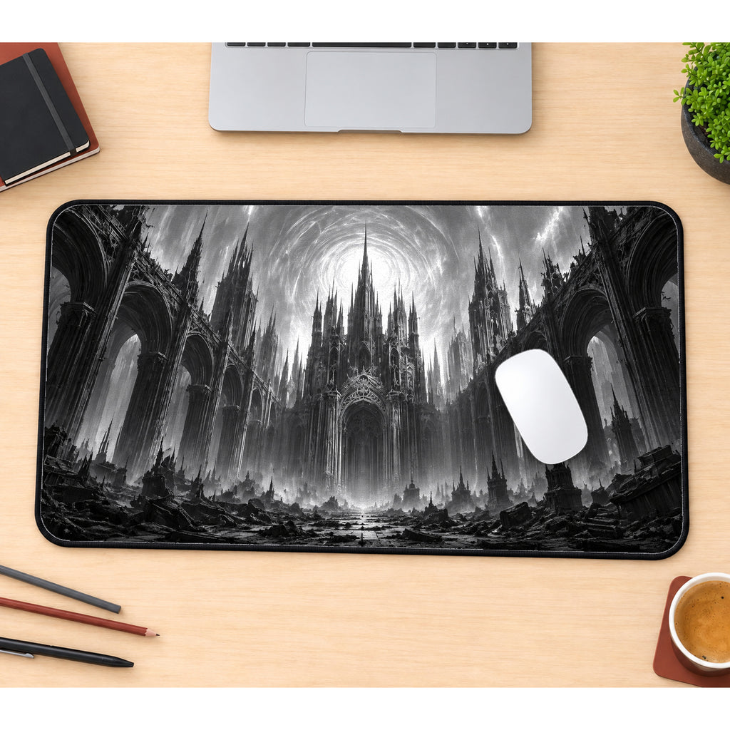 Monochrome Gothic Cathedral Desk Mat — product mockup 1