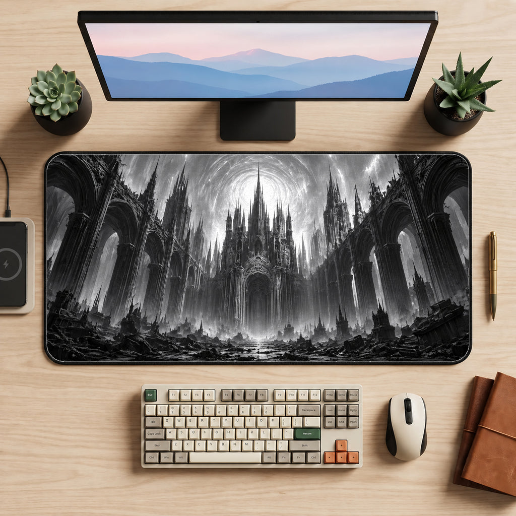 Monochrome Gothic Cathedral Desk Mat — product mockup 2