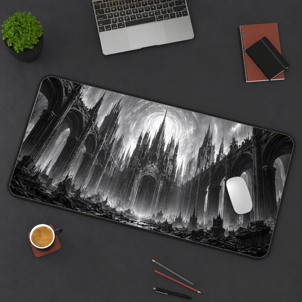 Monochrome Gothic Cathedral Desk Mat — product mockup 3
