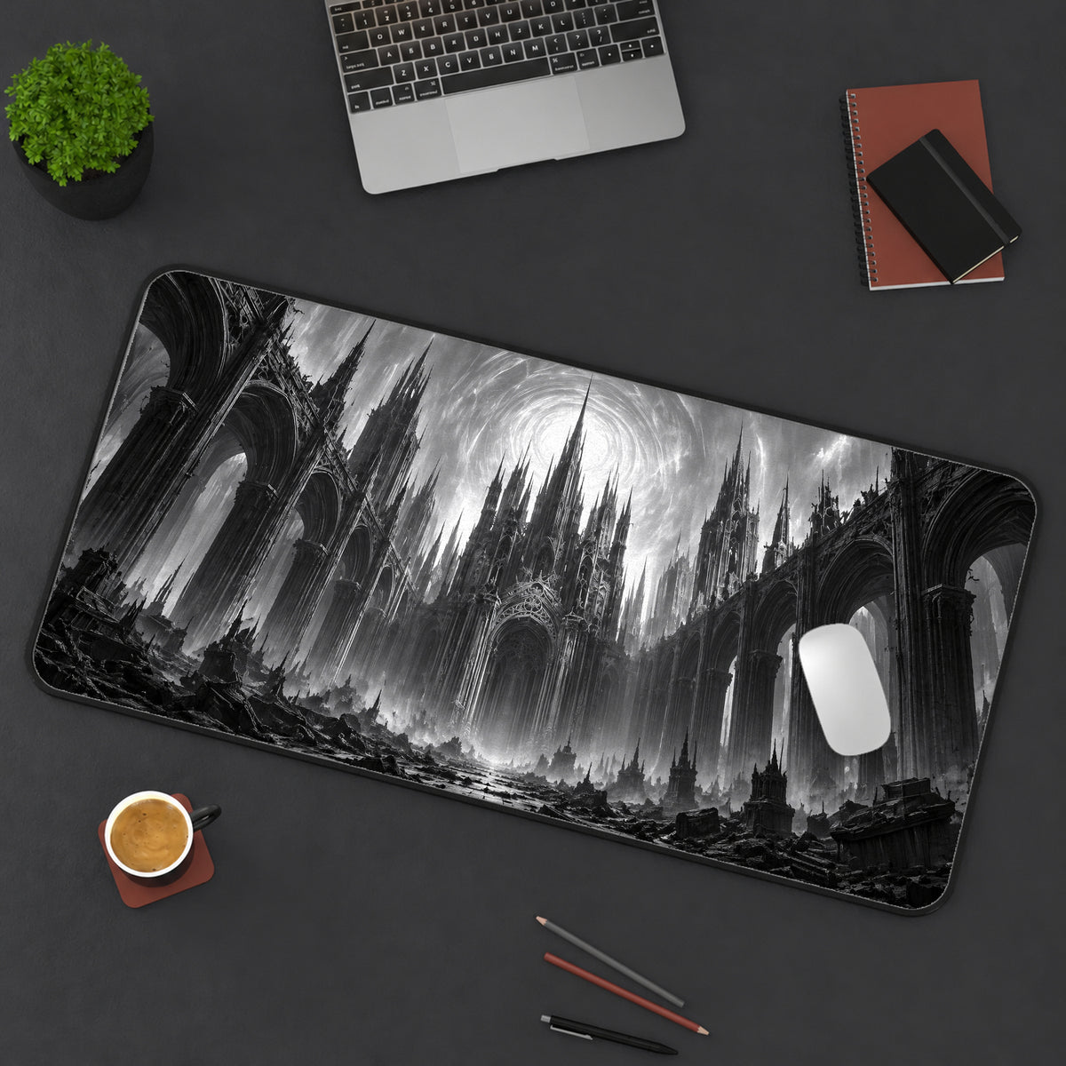 Monochrome Gothic Cathedral Desk Mat — product mockup 3