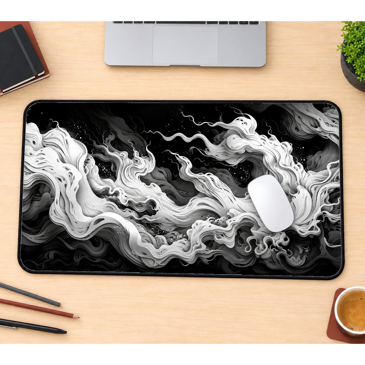 Monochrome Flowing Clouds Desk Mat — product mockup 1