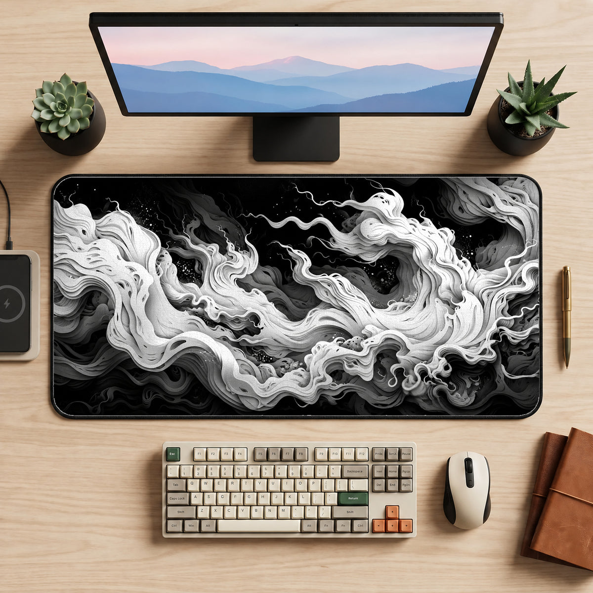 Monochrome Flowing Clouds Desk Mat — product mockup 2