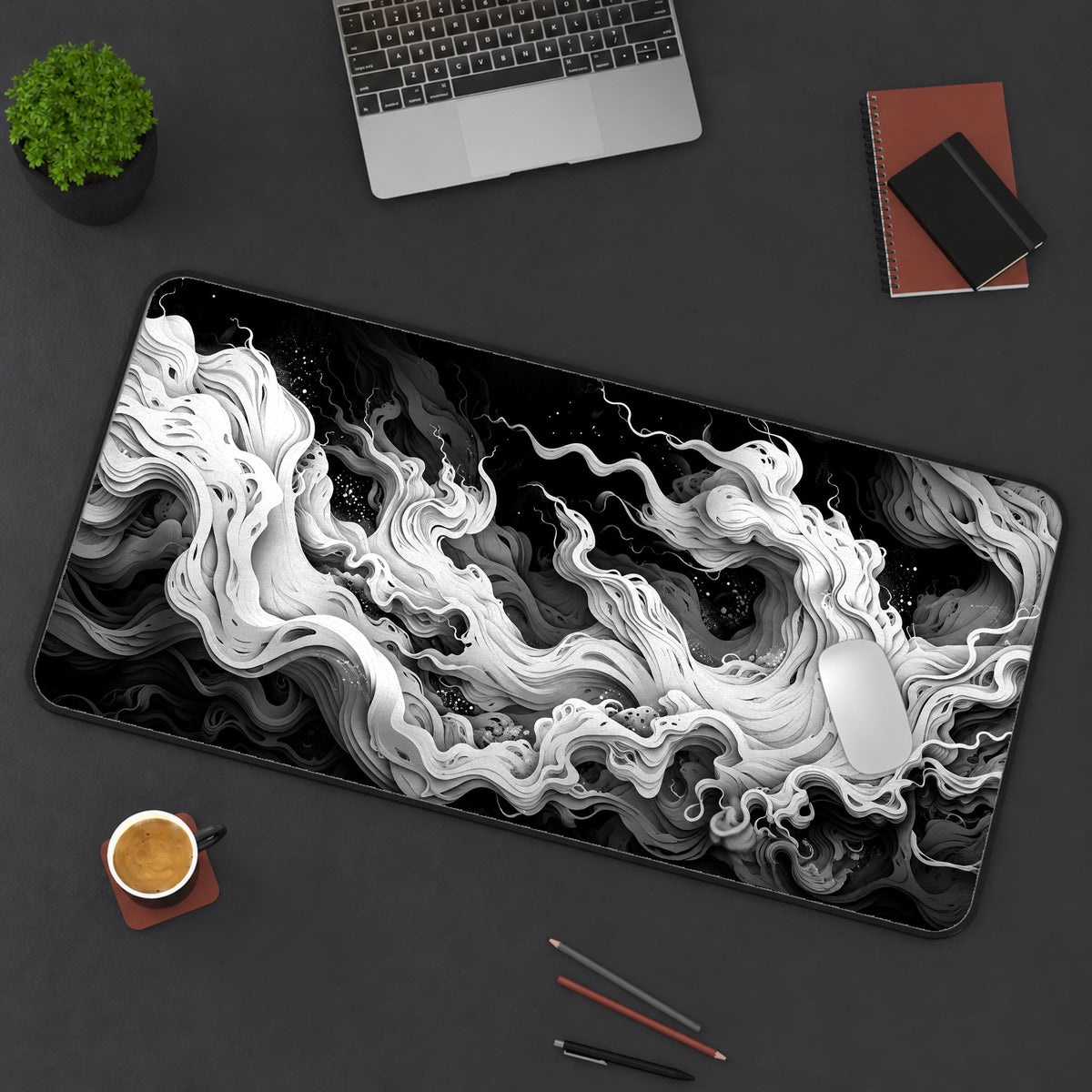 Monochrome Flowing Clouds Desk Mat — product mockup 3