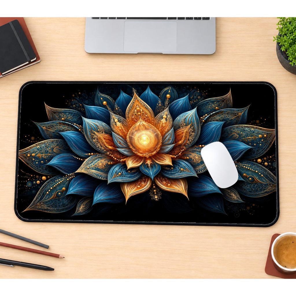 Blue and Gold Lotus Desk Mat — product mockup 1