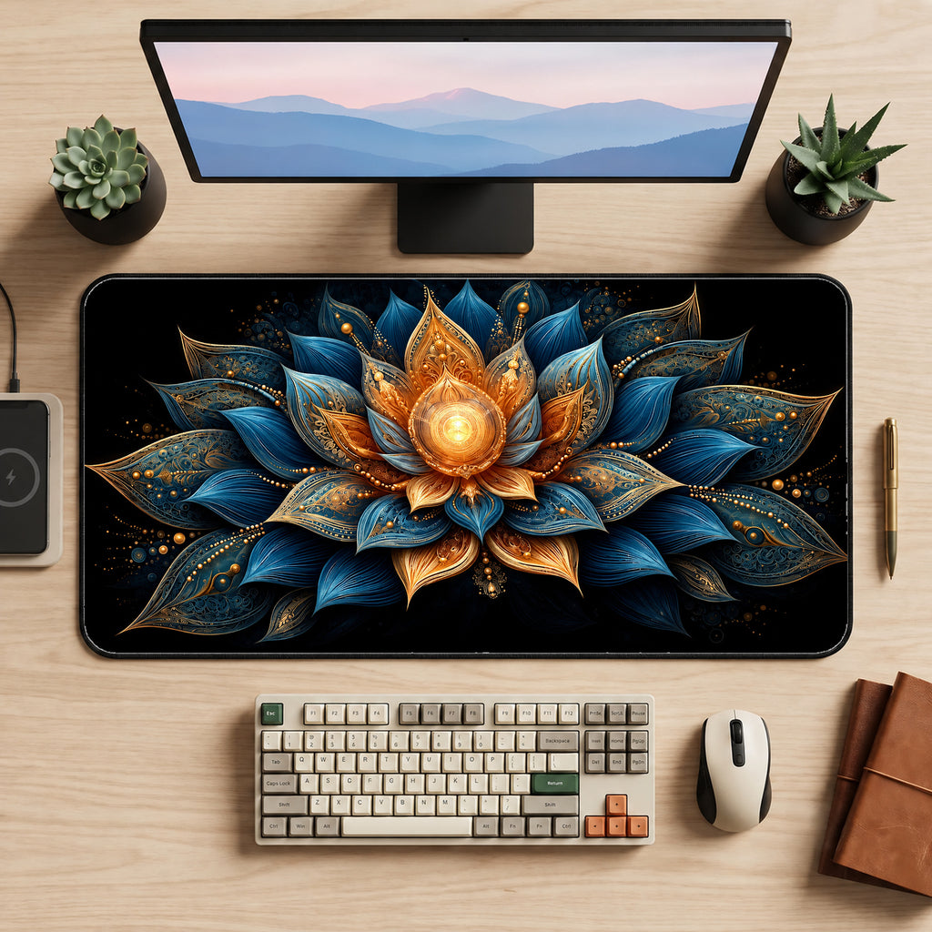 Blue and Gold Lotus Desk Mat — product mockup 2