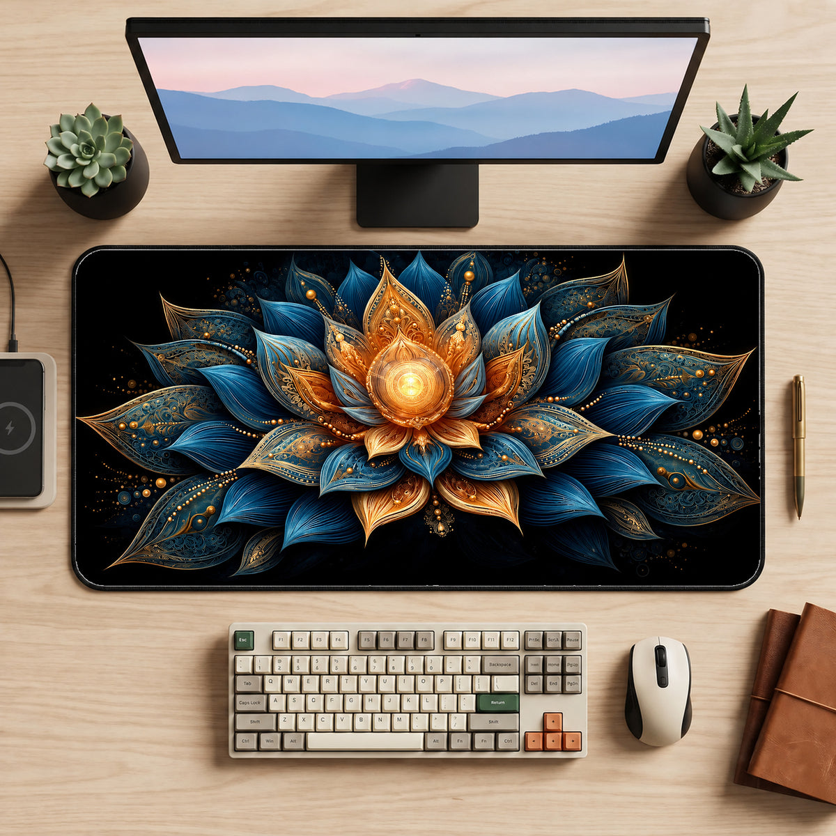 Blue and Gold Lotus Desk Mat — product mockup 2