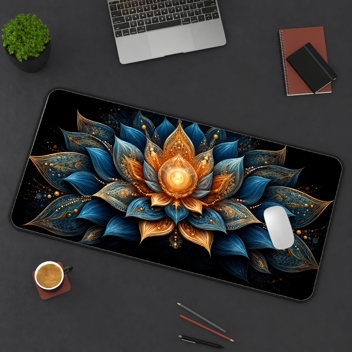 Blue and Gold Lotus Desk Mat — product mockup 3