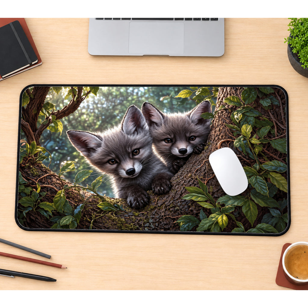 Gray Fox Cubs Desk Mat — product mockup 1