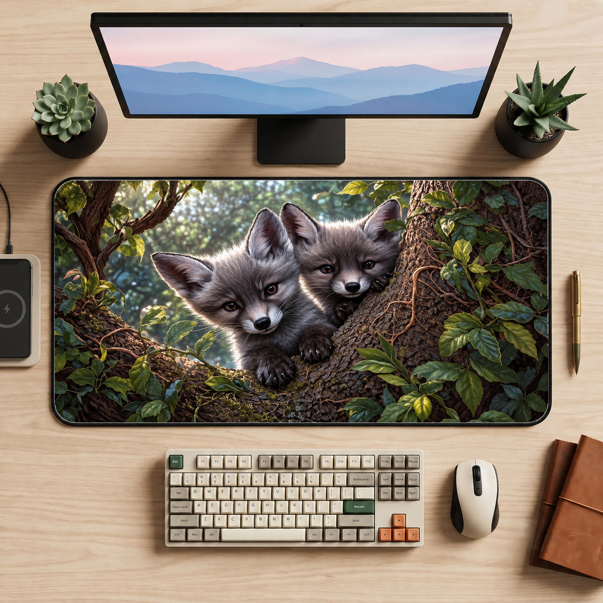 Gray Fox Cubs Desk Mat — product mockup 2