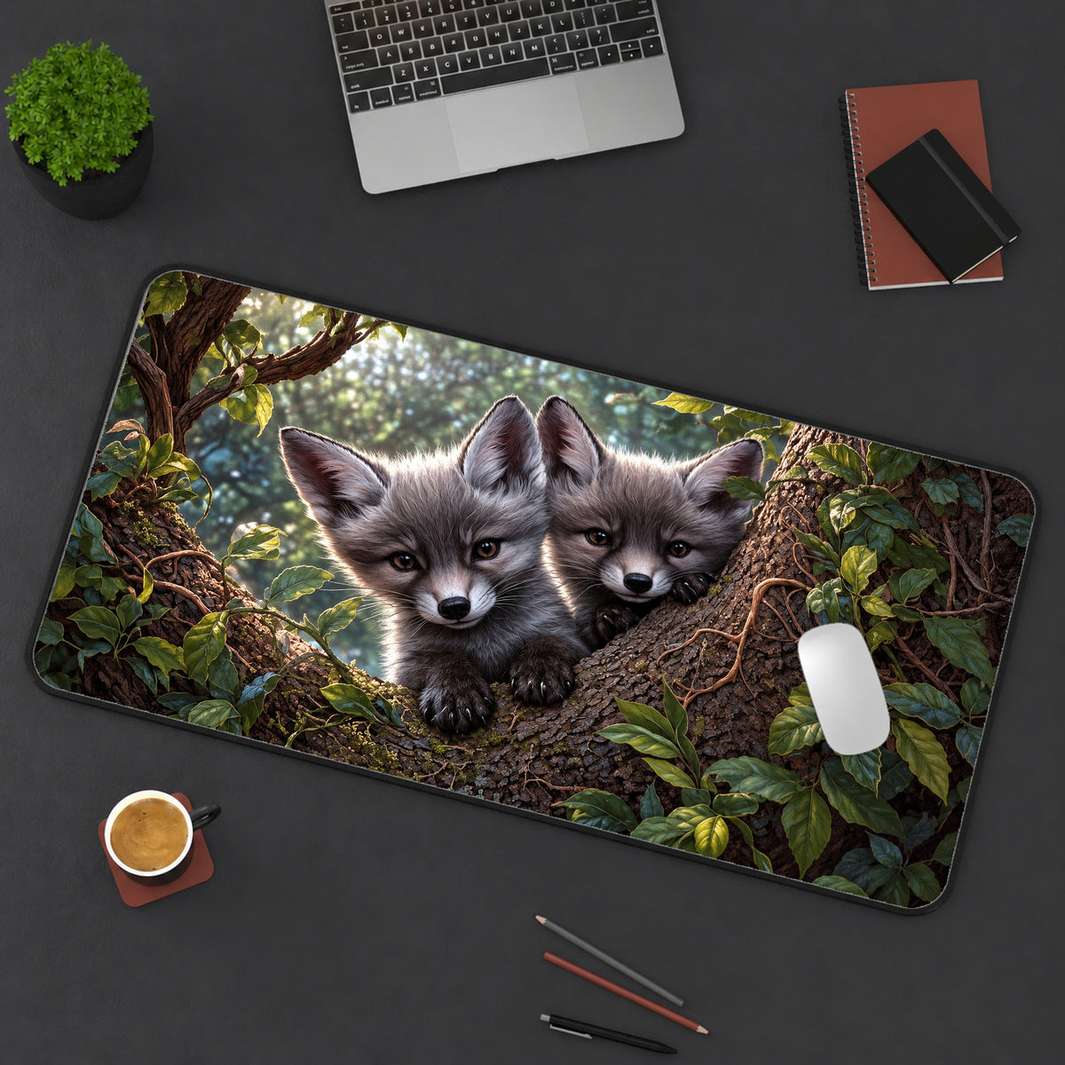 Gray Fox Cubs Desk Mat — product mockup 3