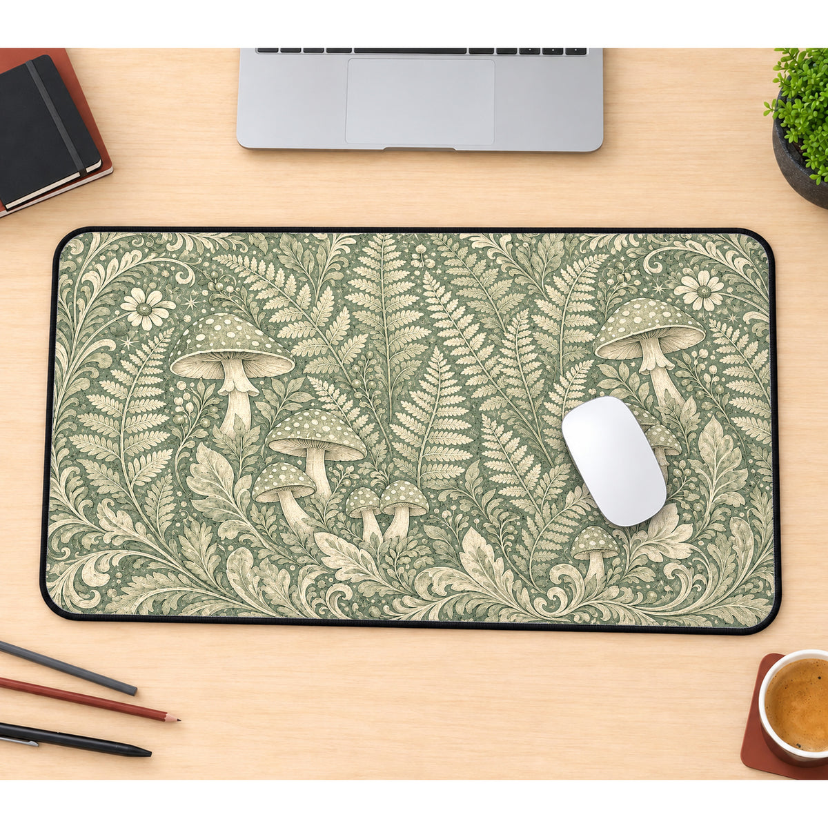 Sage Mushroom and Fern Pattern Desk Mat — product mockup 1