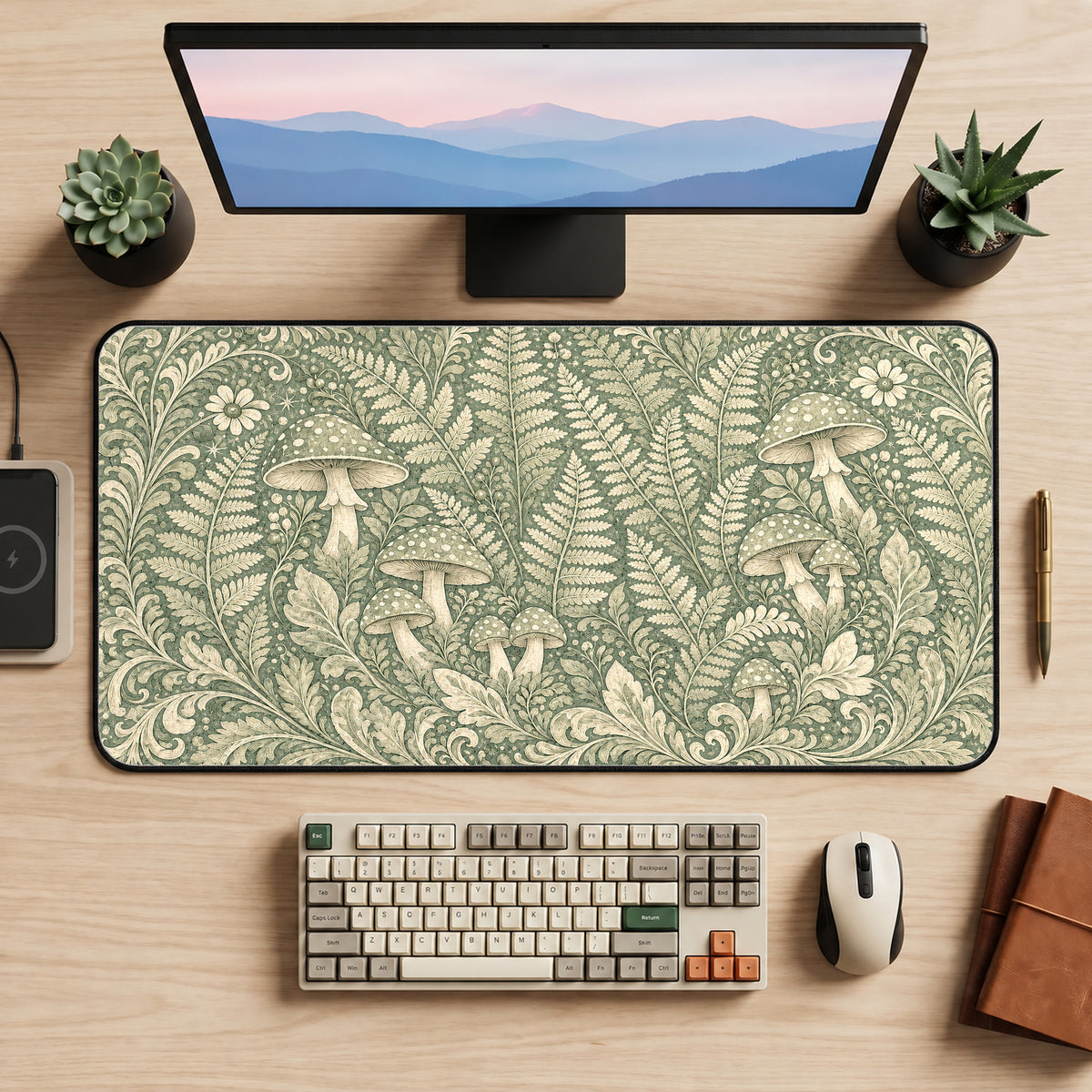 Sage Mushroom and Fern Pattern Desk Mat — product mockup 2