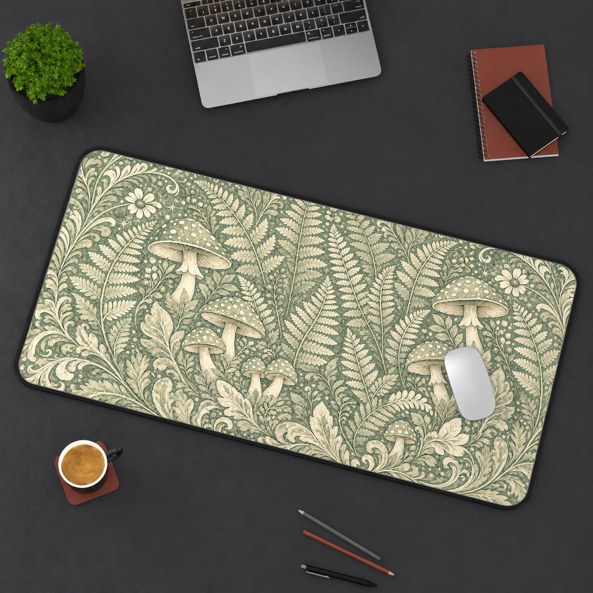 Sage Mushroom and Fern Pattern Desk Mat — product mockup 3