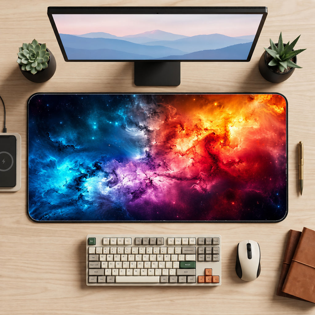 Vibrant Deep Space Nebula Desk Mat — product mockup 2