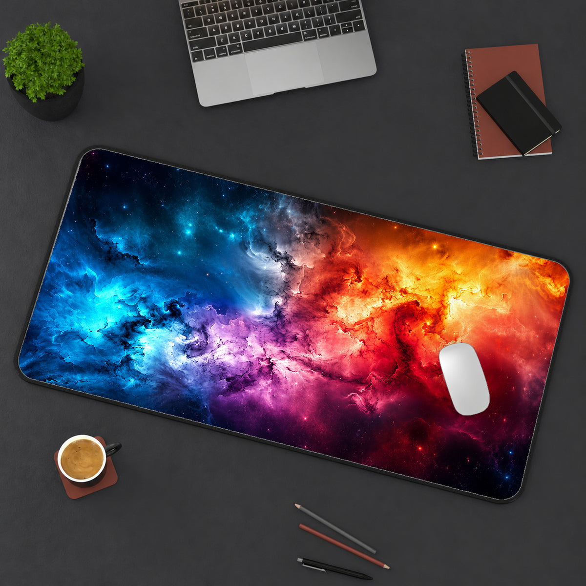 Vibrant Deep Space Nebula Desk Mat — product mockup 3