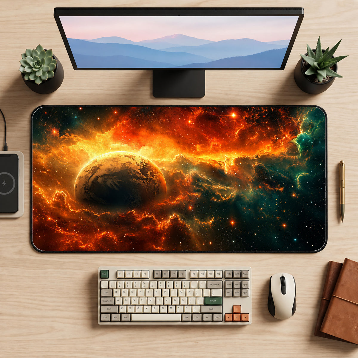 Fiery Rogue Planet Desk Mat — product mockup 2